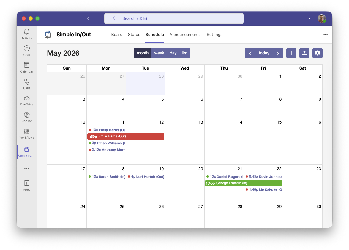 Scheduled Statuses inside Microsoft Teams